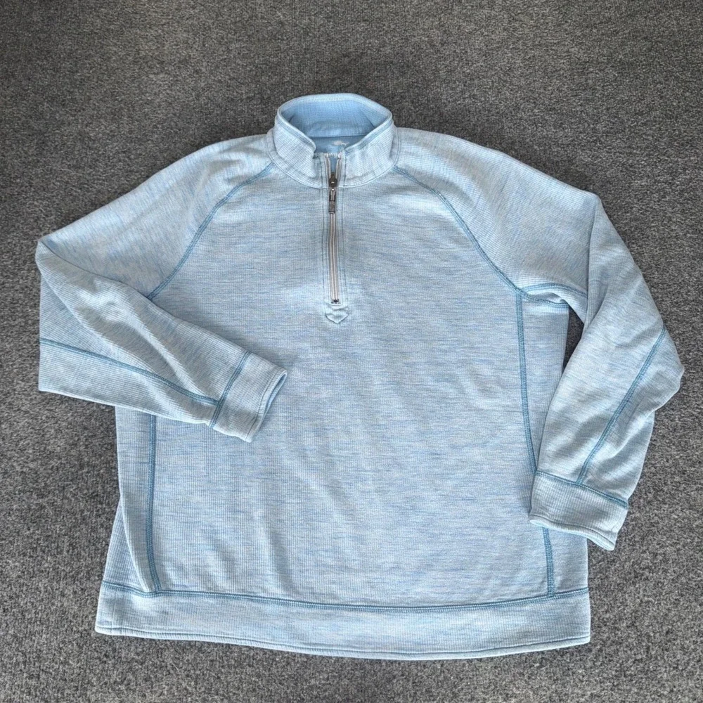 Tommy Bahama Mens Reversable Quarter Zip Pullover Light Blue Marled Knit Large